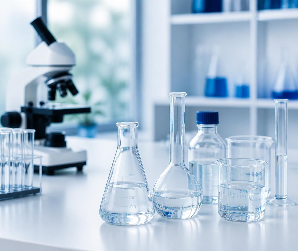 Clean laboratory workspace with borosilicate glassware and a microscope